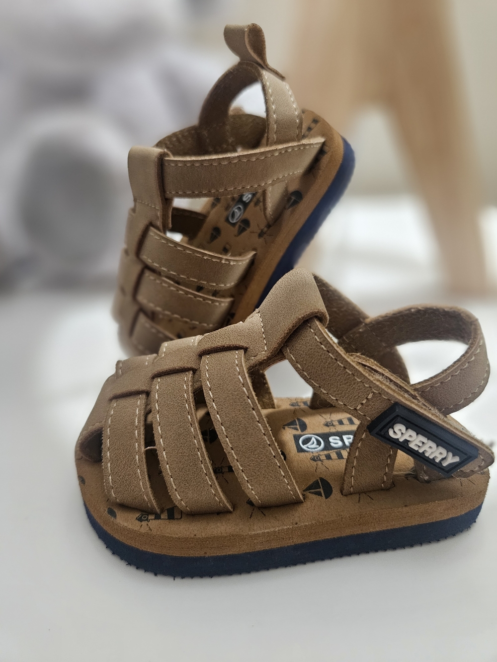 Sperry Toddler Tan Closed-Toe Fisherman Sandals with Navy Sole
